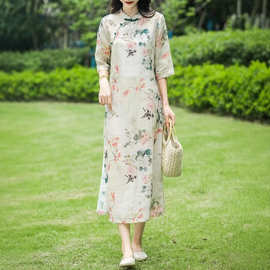 2026夏季新品胖MM苎麻立领改良旗袍印花棉麻连衣裙女文艺复古风