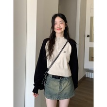 撞色立领学院风针织2023早秋新款韩系宽松设计感小众别致百搭上衣