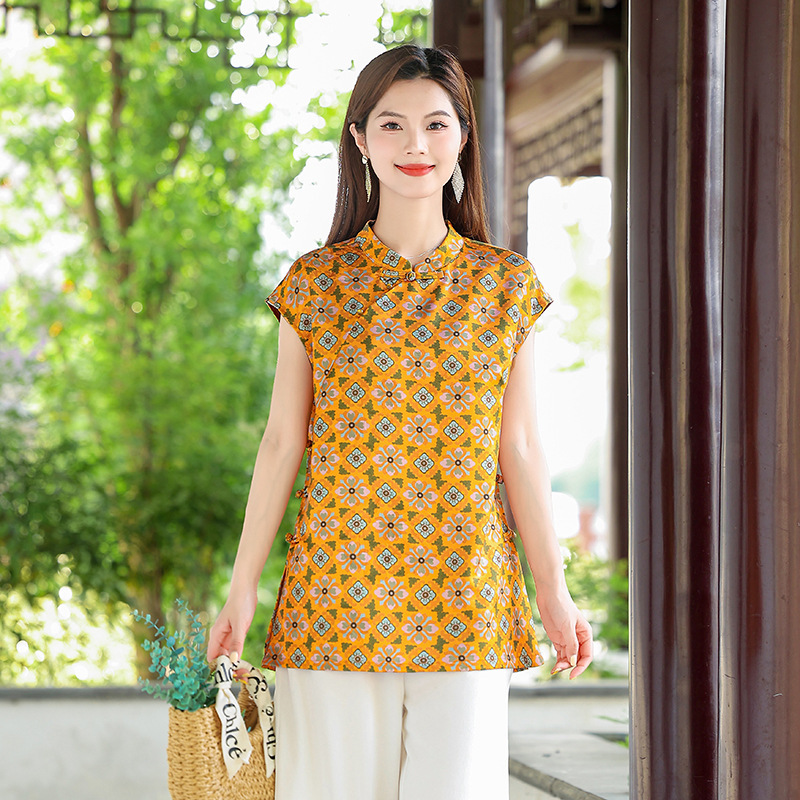 新しい中国風のレトロなボタン付き国民風半袖トップ、母親の服、レトロな薄手のシャツ、義母用のクールなトップ|undefined