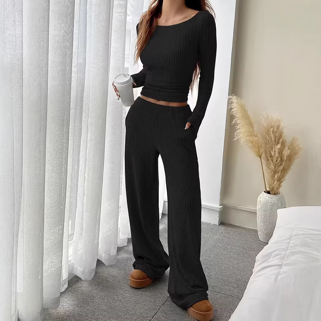 Women's Clothing Fashion Off Shoulder Slim Fit Women's Long Sleeved Two Piece Set American Style Trousers_voghion.com