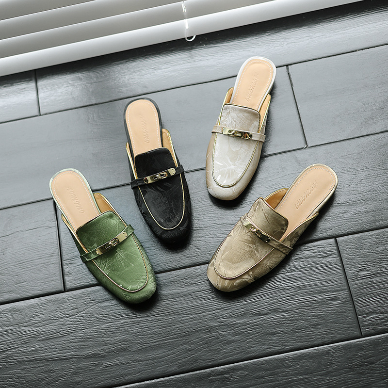 Leather summer women's slippers Chinese style flat