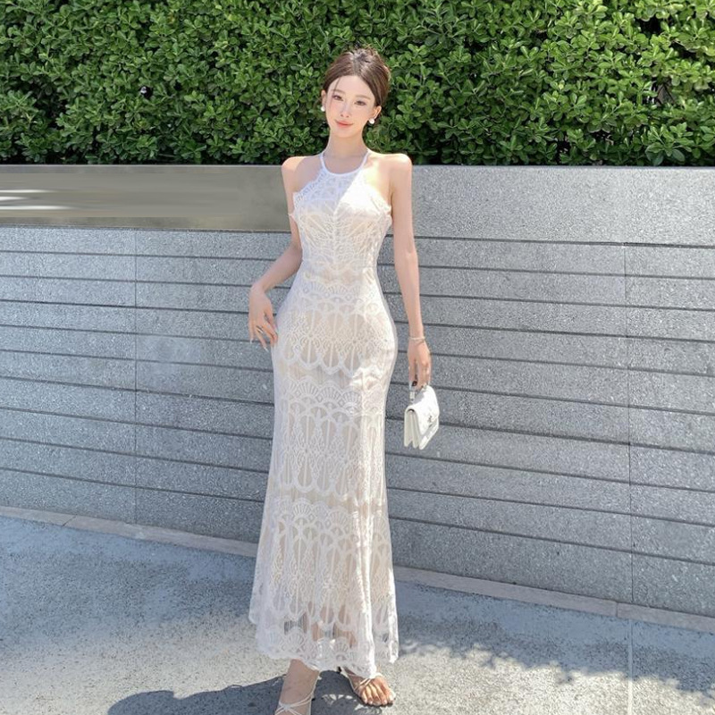 6204 Cross-Border Export Women's Clothing Wholesale Southeast Asian French Retro Backless Lace Strap Suspender Hip Dress