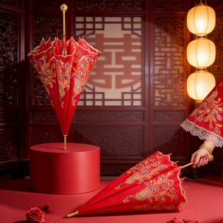 新娘伞婚礼婚庆结婚红伞鸾凤和鸣长柄大红伞自动双层蕾丝边婚伞