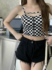 批發夏季格子純欲風針織抹胸吊帶衫短款美式風外穿設計小背心