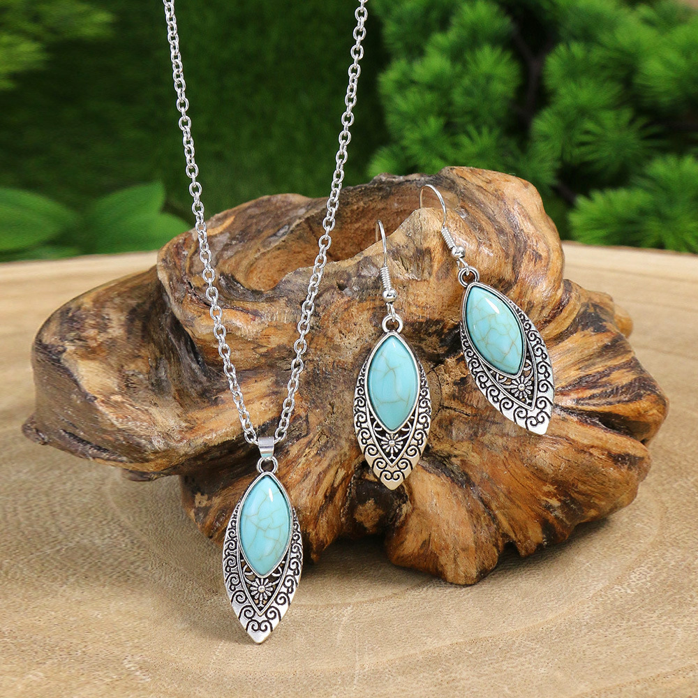 Earrings + Necklace Quantity Ethnic Style Color Block Alloy Inlay Turquoise Women's Jewelry Set