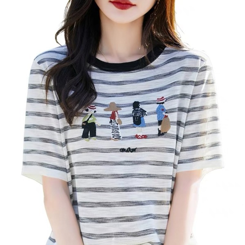 夏用 リヨセルテンセルニット半袖レディースラウンドネックストライプ刺繍五分袖ゆったり半袖Tシャツインナー|undefined