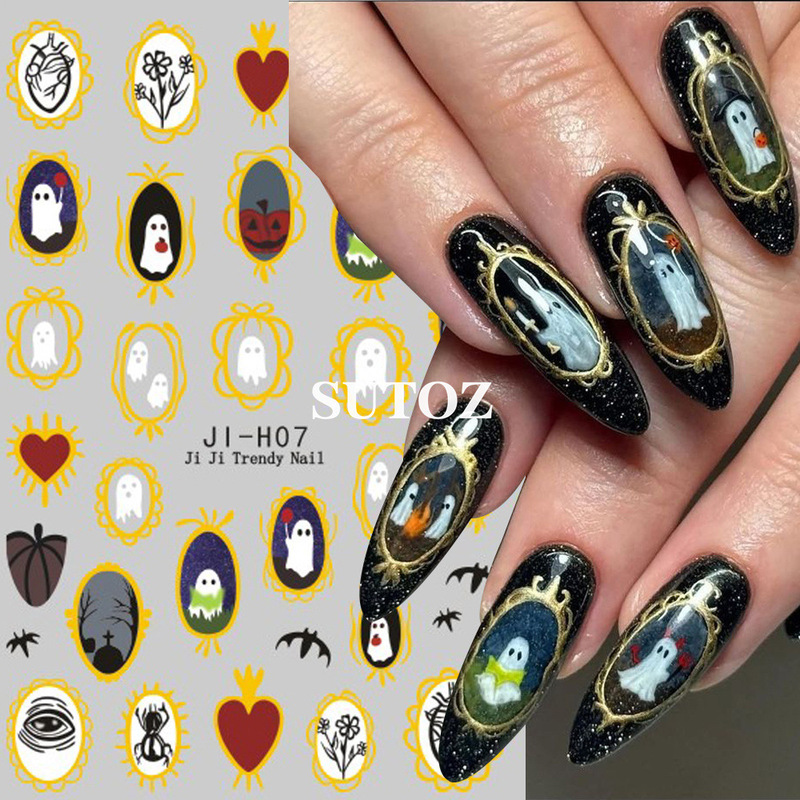 2025 Halloween New Nail Art Stickers Gold-Edged Cartoon Ghost Spider Black Cat Halloween Nail Adhesive Stickers