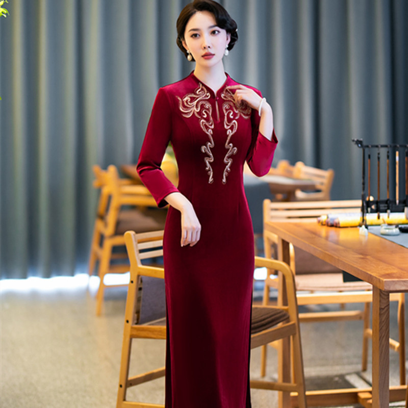 婚宴装旗袍洋气婚礼礼服女高贵妈妈装结婚中年婆婆金丝绒烫钻喜服