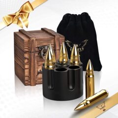 アマゾン弾丸ウイスキー石セット-木製箱入り金色/銀色氷弾丸氷酒石