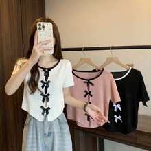 蝴蝶结纯欲缕空针织衫女装夏季新款韩版小众设计显瘦辣妹短款上衣