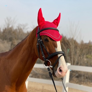 3D Bling Rhinestone Horse Ear Bonnet Red Crochet Equestrian