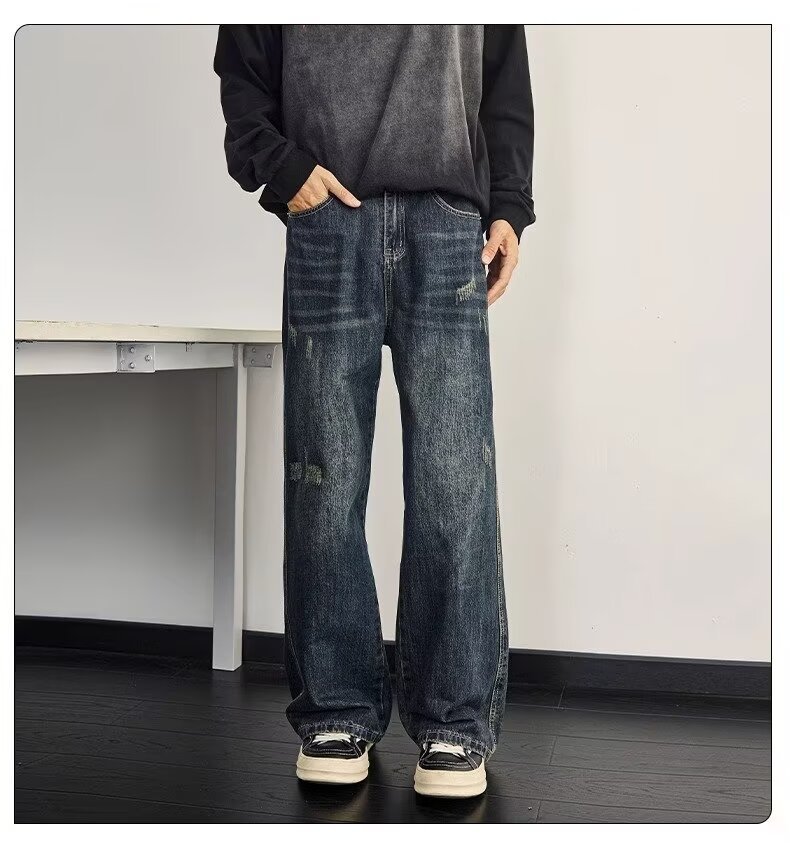 Men's Washed Vintage High Street Jeans Distressed Denim Loose Straight-Leg Fit Streetwear Style Blue S-3XL_mkmklike.com