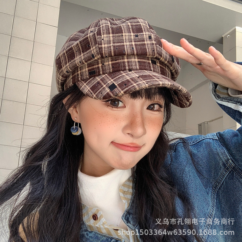 2025新款英伦复古格子八角帽子女春秋季户外休闲显脸小鸭舌画家帽|undefined