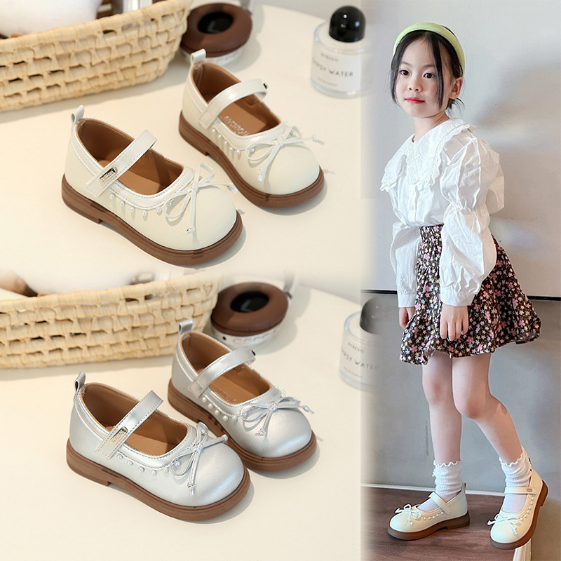 Niñas zapatos de cuero de arco de perla zapatos casuales para niños 2026 primavera y otoño nuevos zapatos de princesa de moda para bebés
