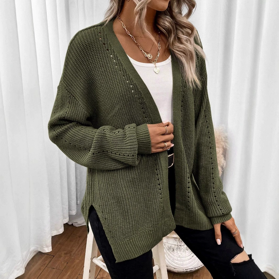 Трансграничная европейская и американская новая мода, однотонный осенне-зимний вязаный свободный повседневный женский кардиган с открытыми плечами и боковыми разрезами для женщин