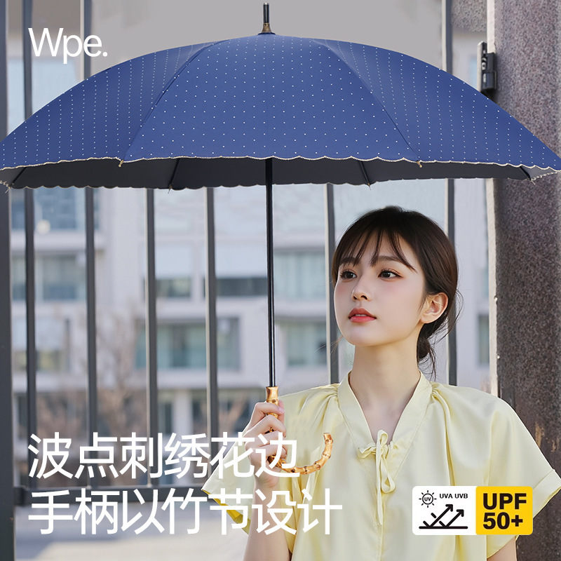 Japanese-style Light Luxury Long Umbrella Bamboo Handle Embroidered Black Glue Sun Protection UV Cover Sun Umbrella Sunny and Rain Dual-use in stock Wholesale