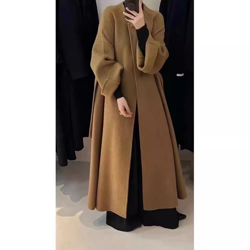 [High Version Hepburn Style] Double Cashmere Coat Women's Solid Color Crewneck Belt Autumn and Winter Wool Coat