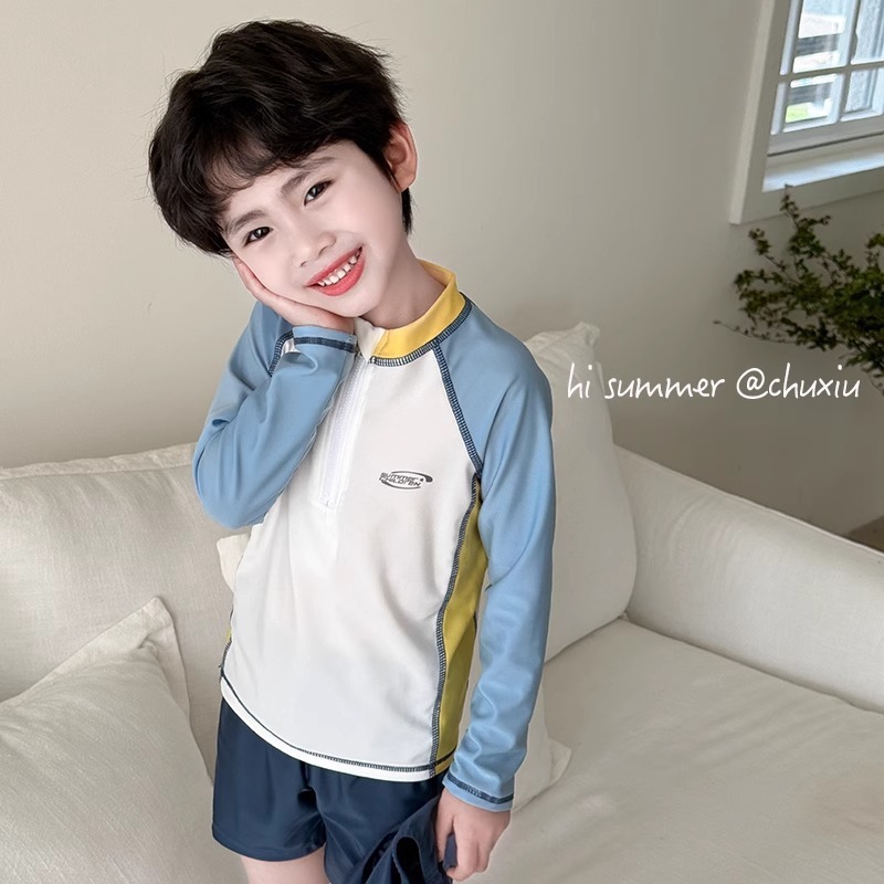 儿童泳衣男童夏季新款分体长袖防晒泳装中小童男孩度假速干游泳衣|undefined