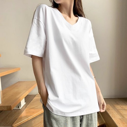 White short-sleeved t-shirt for women v-neck pure cotton loose half-sleeved solid color Hong Kong style chic top large size fat mm slimming summer