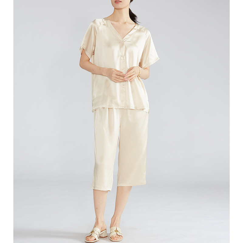 헤비 실크 반팔 잠옷 세트 여자 100 마리의 뽕나무 실크 플레인 크레페 새틴 투피스 홈 옷 2025 새로운
