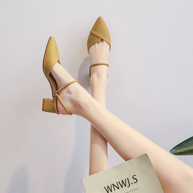 6807-35 Простые босоножки на высоком каблуке с носком-мешком для женщин с полуторком, летние туфли 2024 года на толстом каблуке с юбкой
