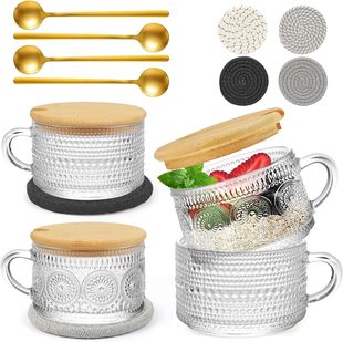 Cross-Border Discount, Handle Breakfast Cup with Insulation Pad, Oatmeal Cup with Gold Spoon, Glass Cup, Bamboo Lid Cup