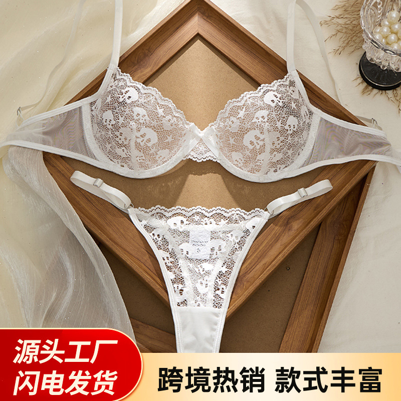Factory Cross-Border Foreign Trade New Product Mesh Embroidery Sexy Underwear Uniform Pure Desire Suit Big Breasts Showing Small Bra Bra