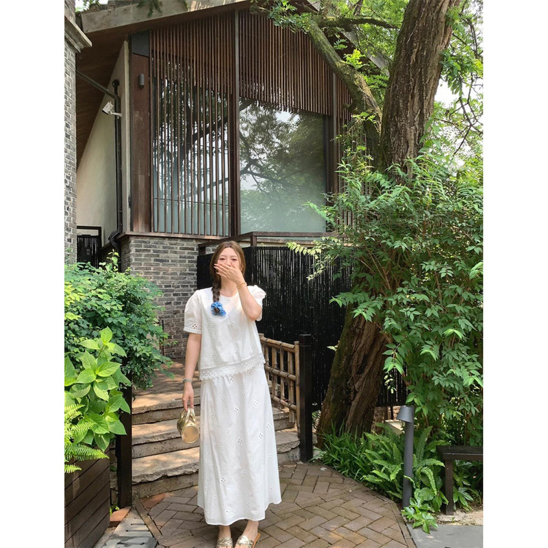 New Style All-Cotton Top with Back Slit, Hollow-Out Petal Embroidery, Transparent Lace, Sweet and Ageless Round-Neck Blouse Zw