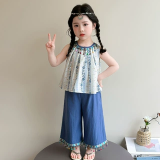 女童夏季花边民族风套装2026新款女宝宝时尚薄款背心阔腿裤两件套