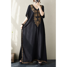 外贸出口泰国尾单重工刺绣大码宽松V领蝙蝠袖波西米亚连衣长裙夏