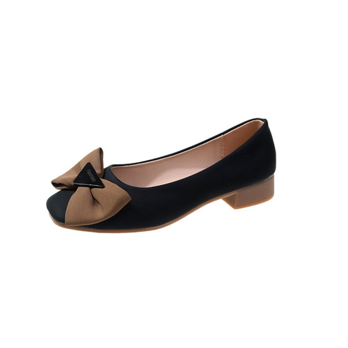 Fashionable thick heel soft leather single shoes for women 2024 spring breathable bow with shallow mouth square toe medium heel beanie shoes low heel