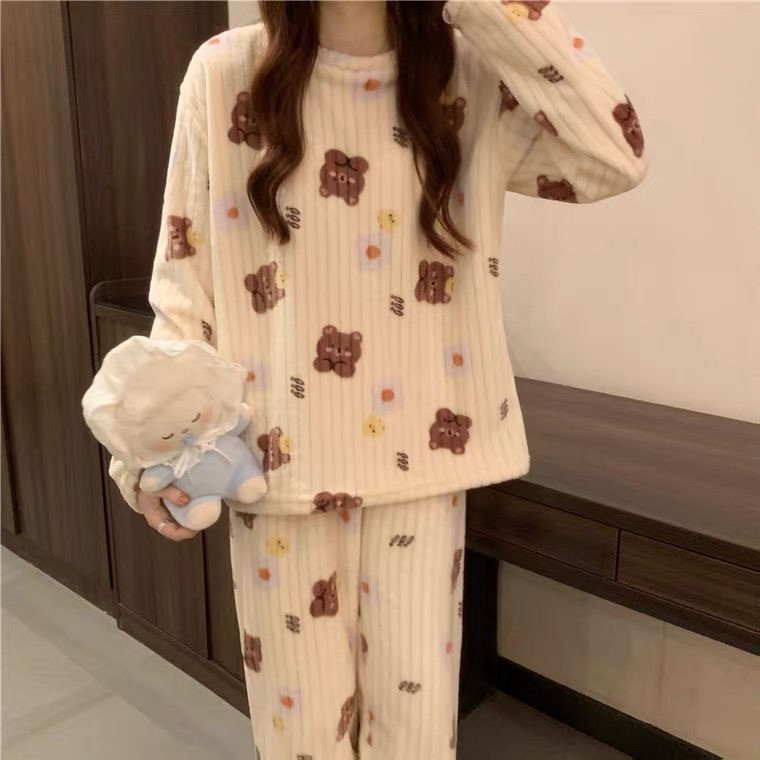 珊瑚绒睡衣女秋冬新款法兰绒可爱时尚长款家居服圆领长袖长裤套装|undefined
