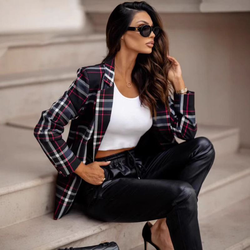 2025 Cross-Border European and American Spring & Fall Wish Amazon Popular Long-Sleeved Suit Collar Plaid Small Jacket Women's Small Suit