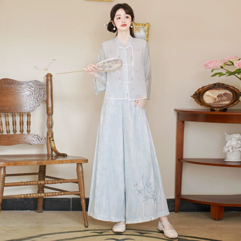 Новый китайский стиль в китайском стиле, костюм Tang, женская вышивка, улучшенная ханьская одежда, песни брюки, два комплекта, сказочный винтажный литературный чайный костюм