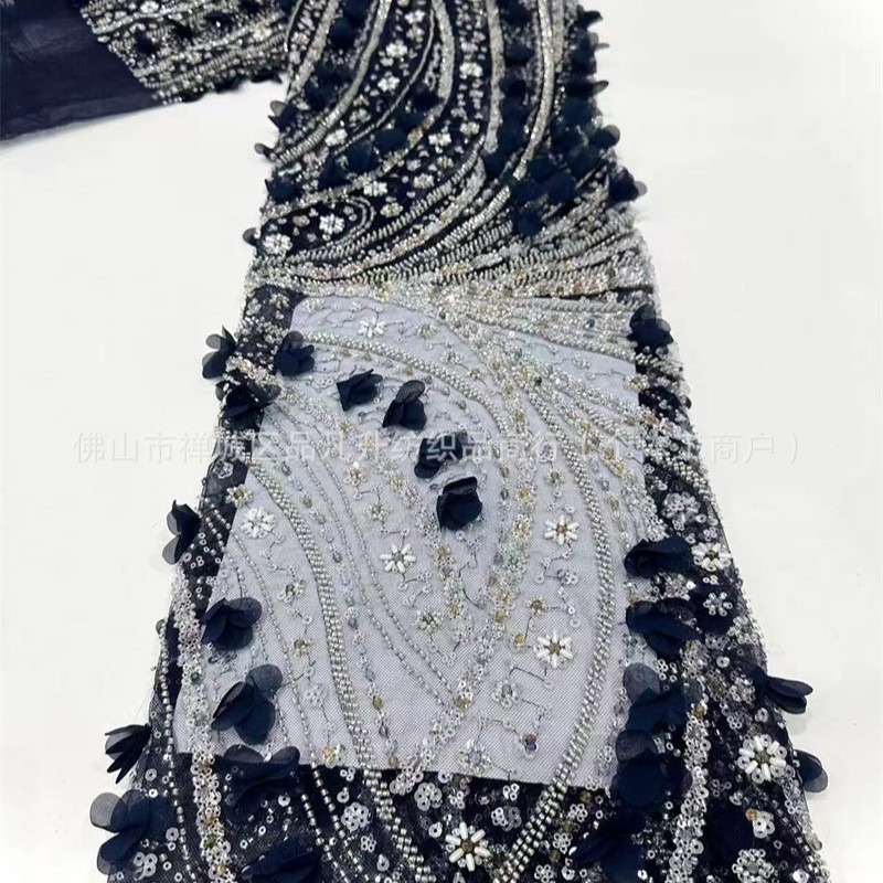 Tejido de bordado de tubo de perlas decalcado a mano diseño ligero lujoso de moda espectáculo de escenario vestido de tela de encaje