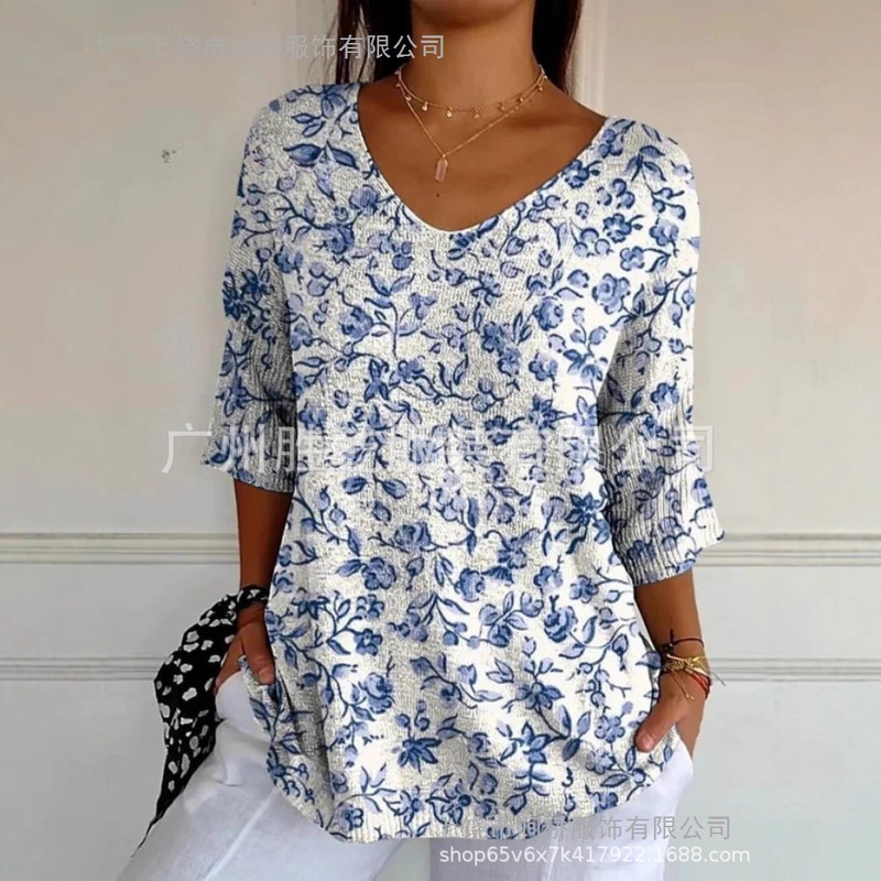 2025 European and American Cross-Border Export New Fashion Casual V Neck 3D Printed Geometric Pattern Five-Quarter Sleeve T-Shirt Tops for Women