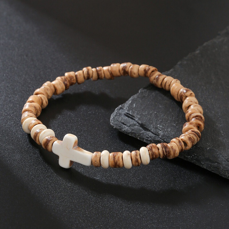 Cross-Border New Product Coconut Shell Wood Chip Turquoise Cross Bracelet for Men Hip-Hop Handmade Beaded Elastic Cord Wooden Bracelet