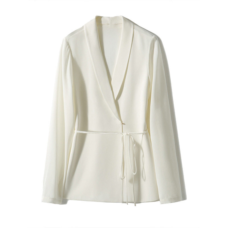 Áo blazer nữ satin thắt eo dáng ôm kiểu Pháp thanh lịch — Trắng ngọc trai, Xám nhạt, Đen đá