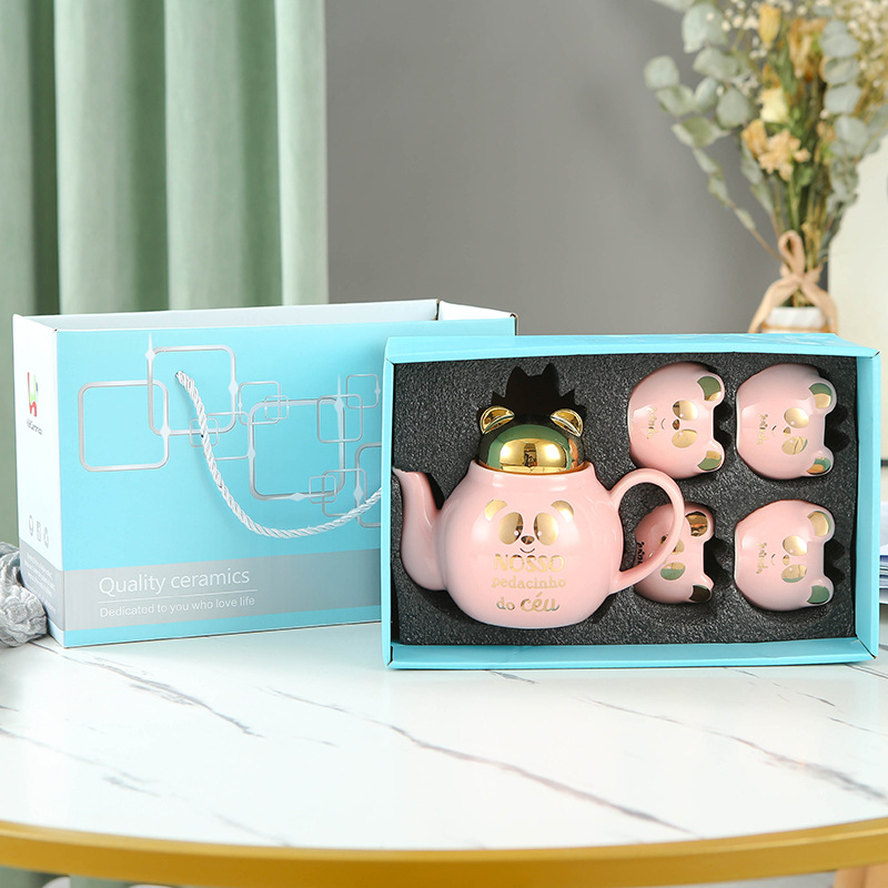 Lindo de dibujos animados Flor de cerámica juego de té imprimible logo Amazon dedicado Panda juego de té taza juego de regalo traje