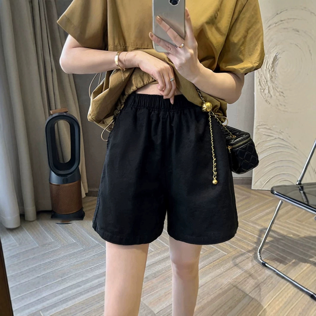 Quần short nữ ống rộng cạp cao dáng suông chất vải mỏng mùa hè — màu đen chi tiết 1