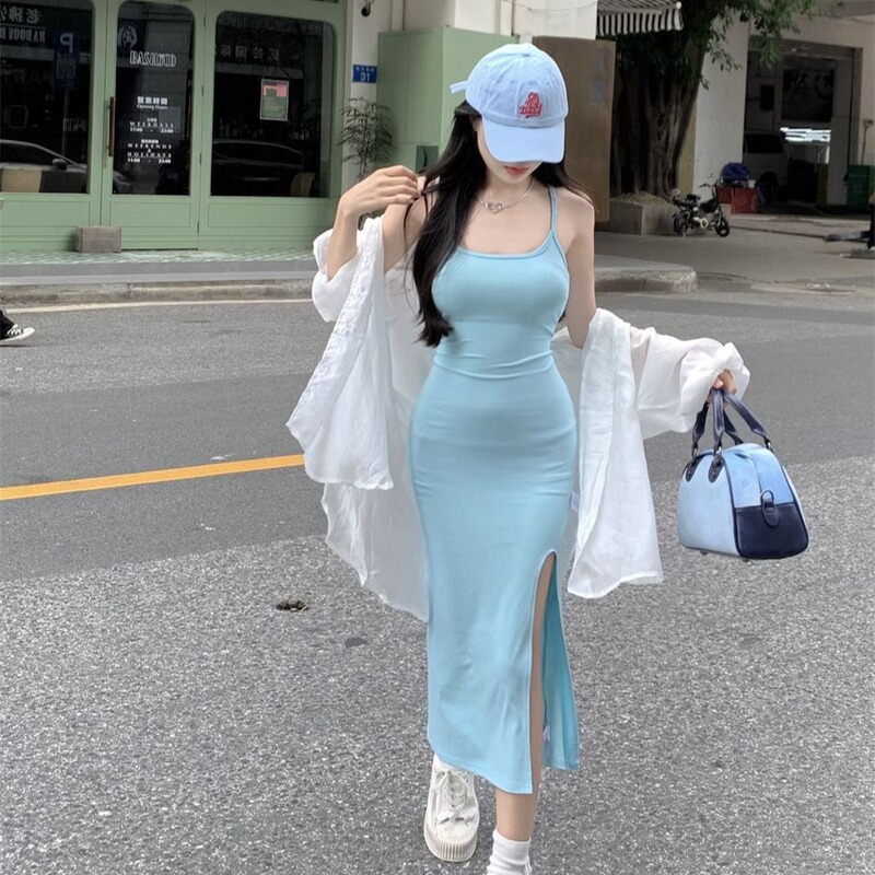 Pure desire style sexy blue sling dress women's autumn and winter hot girl split slim fit inner wear slimming sheath dress