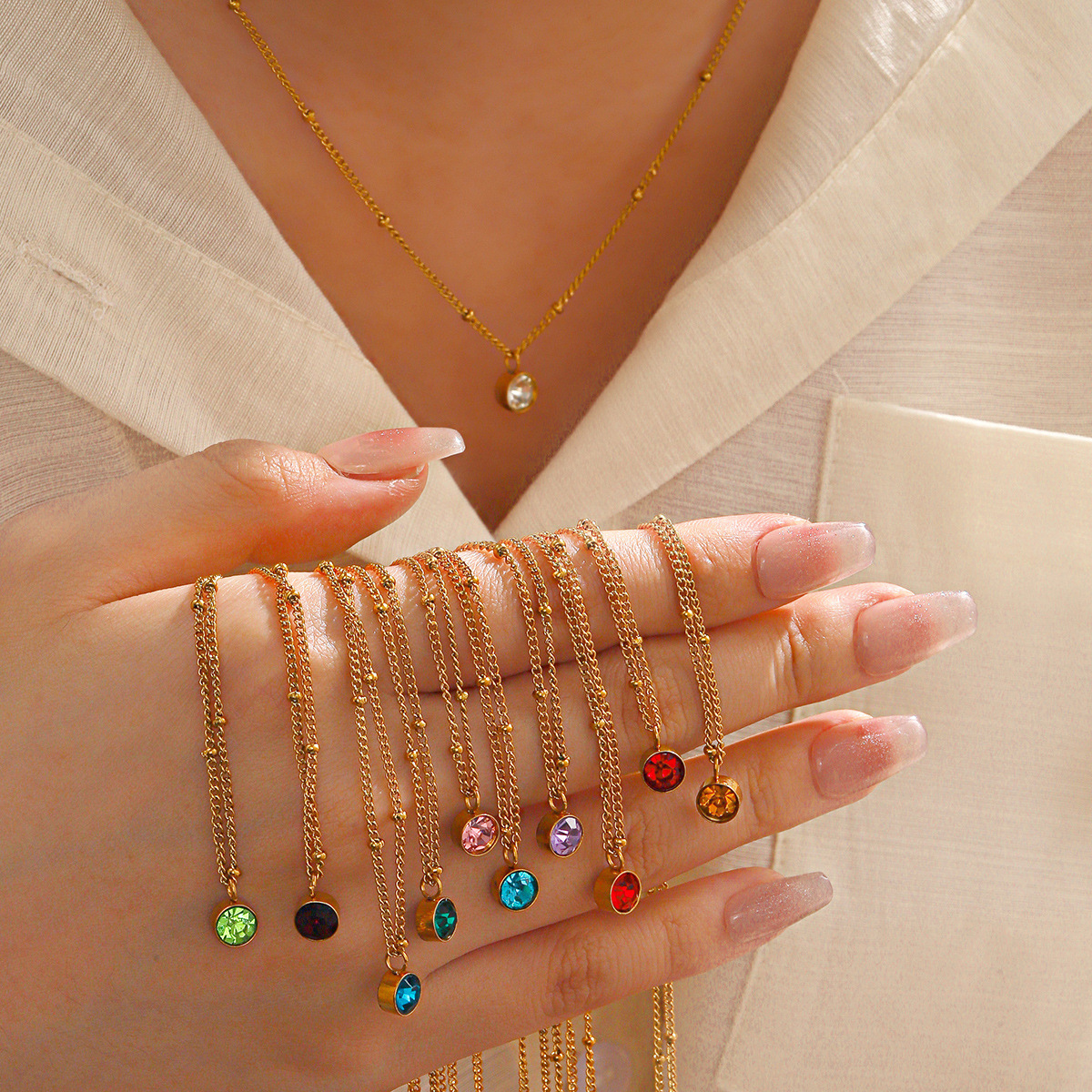 欧美12月生辰石项链INS风时尚流行百搭水钻18K镀金不锈钢项链批发