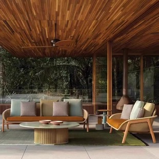Outdoor Rattan Sofa Teak Courtyard Waterproof Sun Protection Villa Garden Terrace Sky Model Room Rattan Chair Leisure Furniture