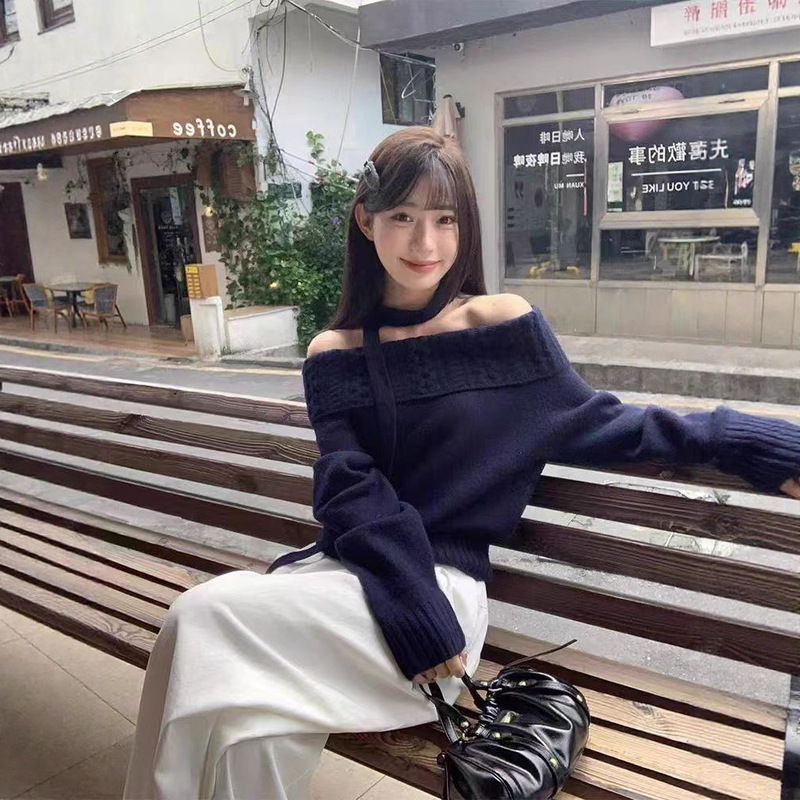 纯色一字肩设计感毛衣女秋冬新款韩系休闲慵懒风修身显瘦针织套头|undefined