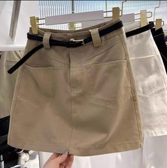 大きいサイズの太ったMMのカーキ色の工装のデニムのスカートの女性の夏の防走光の高い腰の弾力性のa字は尻のスカートを包みます