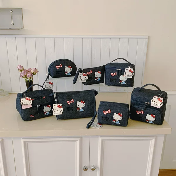 Hellokitty Officially Licensed Denim Heavy-Duty Embroidered Makeup Bag, Cute Large-Capacity Portable Storage Makeup Case