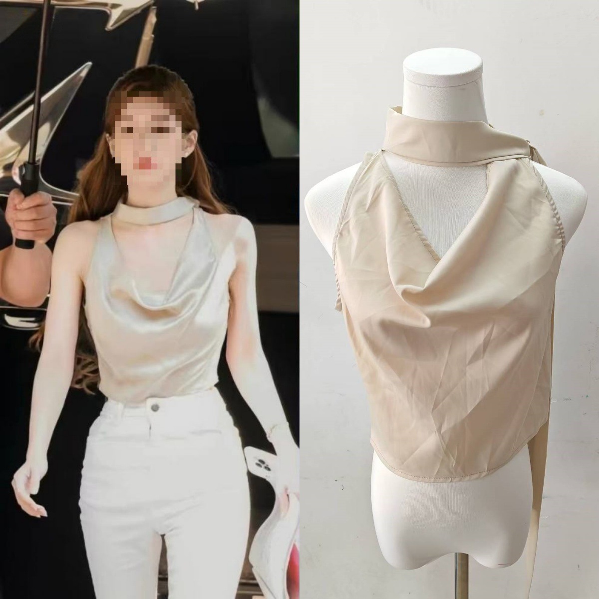 许我耀眼许妍赵露思同款卡其色深U上衣挂脖吊带背心短款纯欲风女