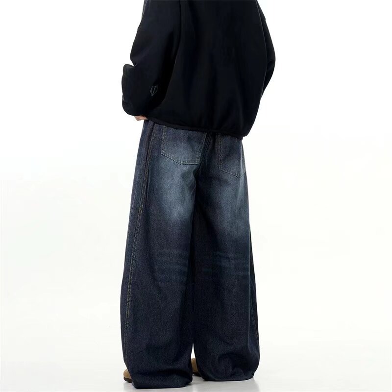 Azul oscuro lavado con agua jeans de piernas anchas europeas y americanas hiphop pantalones de calles fritas de alta calidad pantalones de macheta rectos sueltos para hombres