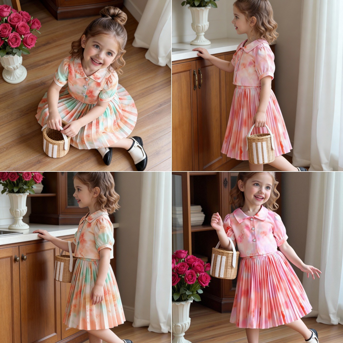 Amazon Girls Summer Puff Sleeve Short-Sleeved Top + Pleated Skirt Long Skirt Painted Suit Two-Piece Set