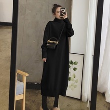 秋冬宽松加厚针织打底高领连衣裙内搭中长款配大衣的毛衣裙女过膝
